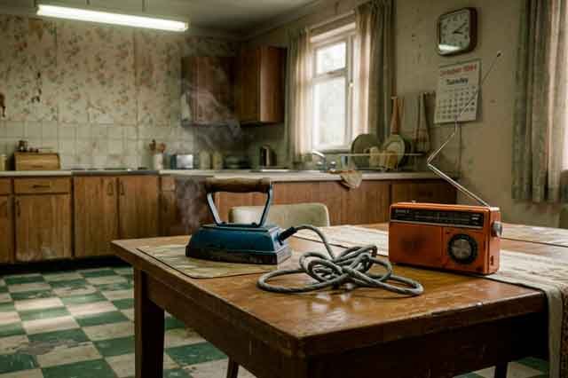 Cocina de los 80 con una plancha azul, un transistor naranja y losetas verdes y blancas bajo luz fría, en una escena poética y nostálgica.