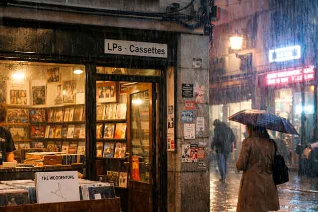 Tienda de discos cálida con vinilos gastados y lluvia en el cristal, en una escena poética y nostálgica.