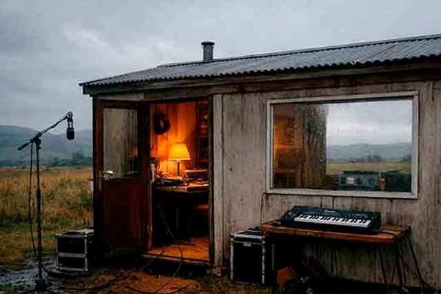 Estudio prefabricado en un campo con cantante frente a micrófono y sintetizador Casio, evocando la fragilidad y belleza imperfecta de (Feels Like) Heaven de Fiction Factory
