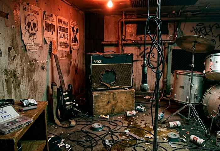 Local de ensayo pequeño y húmedo con amplificador roto, cables enredados y una cinta sin carátula, en una escena cruda y punk.