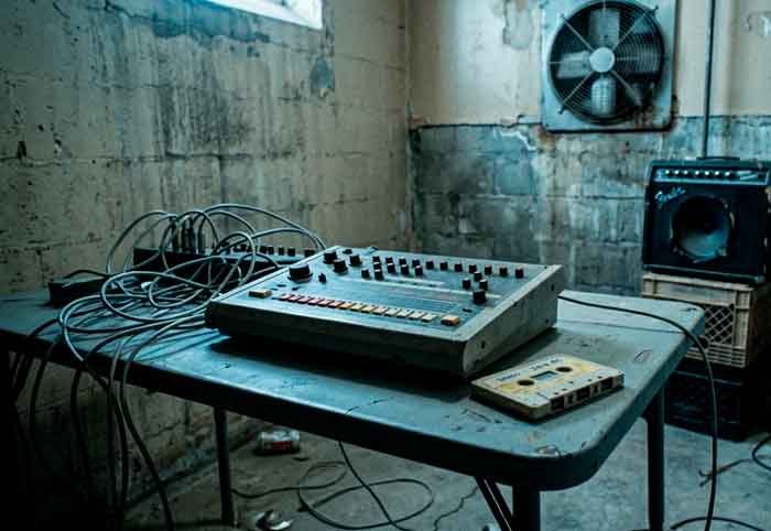 Habitación pequeña con caja de ritmos, cables y una cinta sin carátula, iluminada con luz fría en una escena cruda e industrial.
