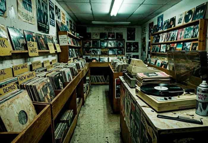 Tienda de discos fría y desgastada con un vinilo sin portada girando y objetos que sugieren tensión, en una escena cruda y desaturada.