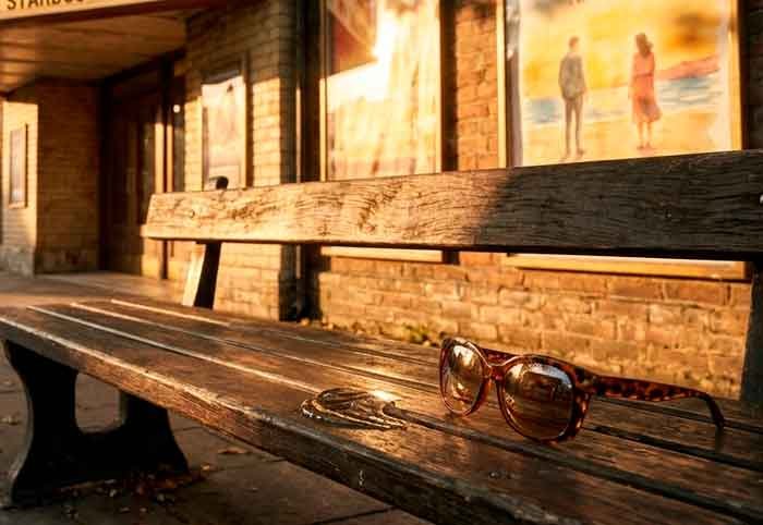 Banco iluminado por luz dorada con gafas de sol y un rastro de gel, en una escena poética y nostálgica.