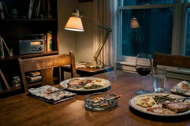 Salón de los 80 con mesa desordenada, cenicero lleno y radio encendida bajo un flexo, en una escena poética y fría.