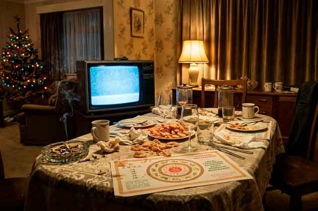 Mesa de Navidad desordenada con mantel chino, cáscaras de langostinos y televisor encendido, en una escena poética y nostálgica.