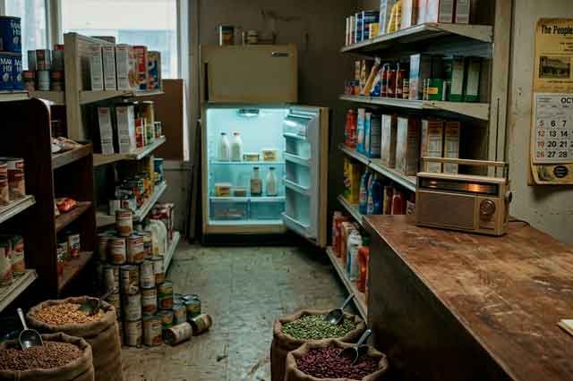 Tienda de ultramarinos de los 80 con sacos de legumbres, nevera antigua y radio encendida, en una escena poética y nostálgica.