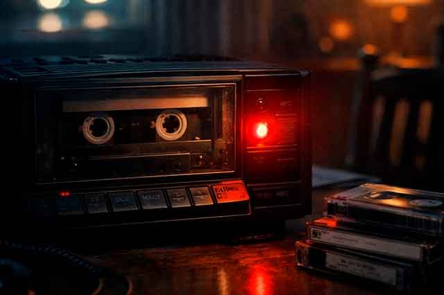 Radiocasete vintage con luz roja encendida y cintas de cassette sobre una mesa, evocando la nostalgia de la música ochentera y el silencio después de la canción