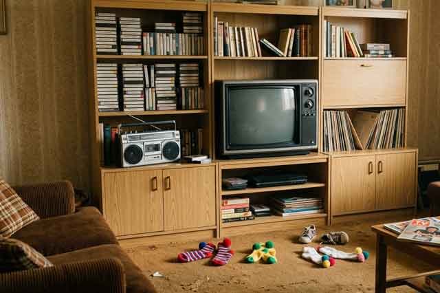 Salón ochentero con moqueta, estantería de madera, televisor antiguo y radiocasete, con calcetines infantiles en el suelo, en una escena nostálgica y cálida