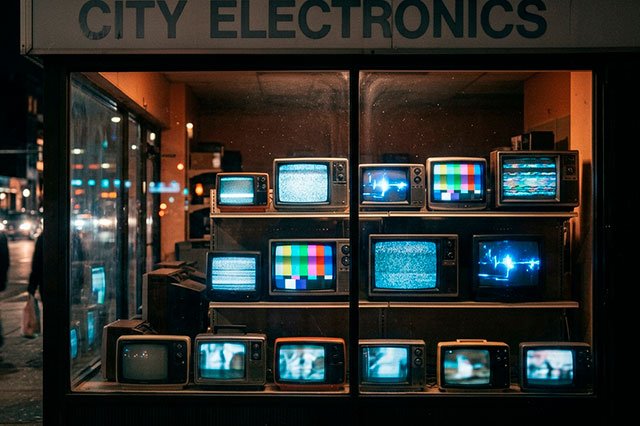 Escaparate nocturno con múltiples televisores de tubo encendidos, reflejos de la calle y luz azulada, en una escena nostálgica y urbana.