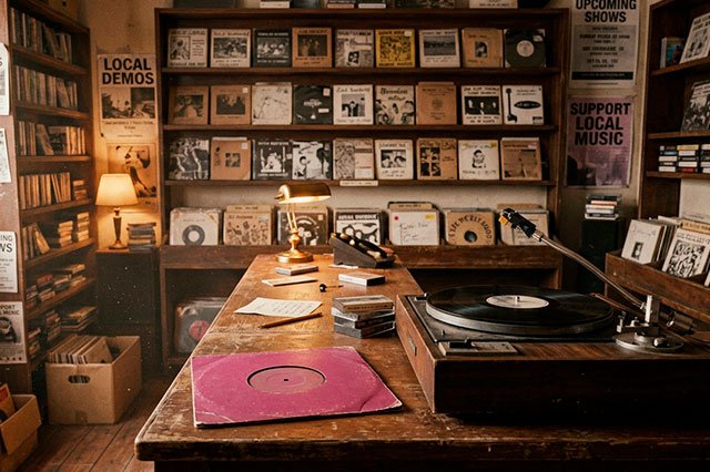 Tienda de discos pequeña con cassettes autoeditados y un single magenta sobre el mostrador, en una escena cálida y nostálgica.