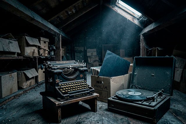 Desván muy oscuro con cajas viejas, una máquina de escribir y un tocadiscos cubierto de polvo iluminados por una luz mínima desde una claraboya.
