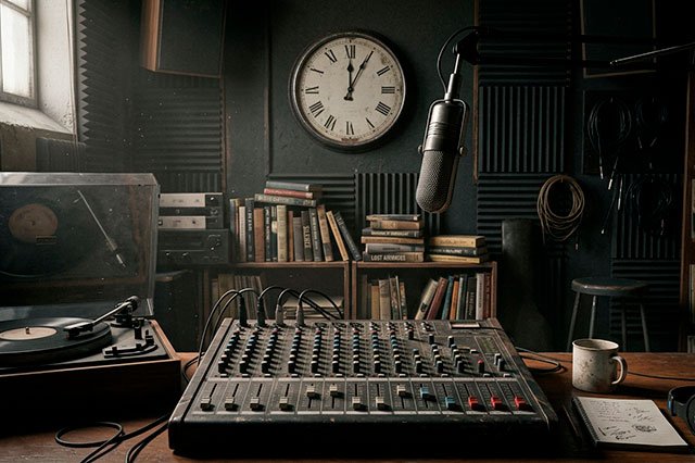 Estudio de radio vacío con mesa de mezclas, micrófono torcido, un disco girando en silencio y un reloj marcando las doce.