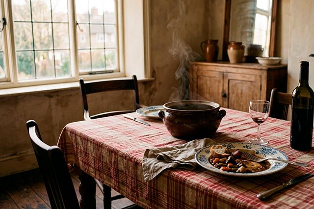 Mesa de comedor con mantel de cuadros, una sopera, un plato lleno sin tocar y una botella de vino, iluminados por luz suave de domingo.