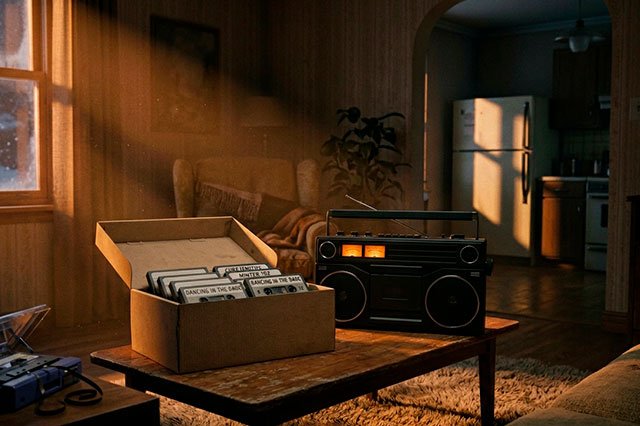 Salón cinematográfico con una caja de cintas abierta, un radiocasete encendido y un walkman azul sobre una mesa, iluminados por luz ámbar de tarde.