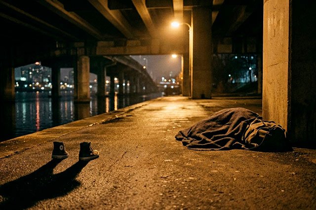 Puente nocturno con luz amarilla, acera húmeda, una manta doblada y sombras profundas junto al río, en una escena cinematográfica.