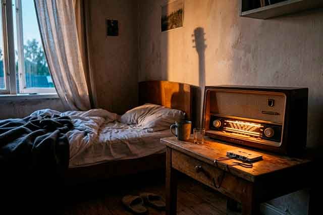 Cuarto poético iluminado por una radio encendida, con una cama deshecha y un casete sobre la mesilla, en luz cálida y azul.