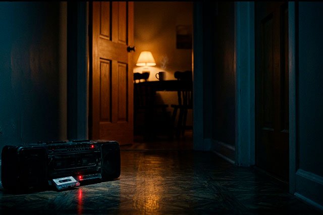 Pasillo nocturno iluminado por la luz ámbar de una cocina con una radio encendida, un radiocasete con piloto rojo y una cinta sobresaliendo, en una escena cinematográfica.