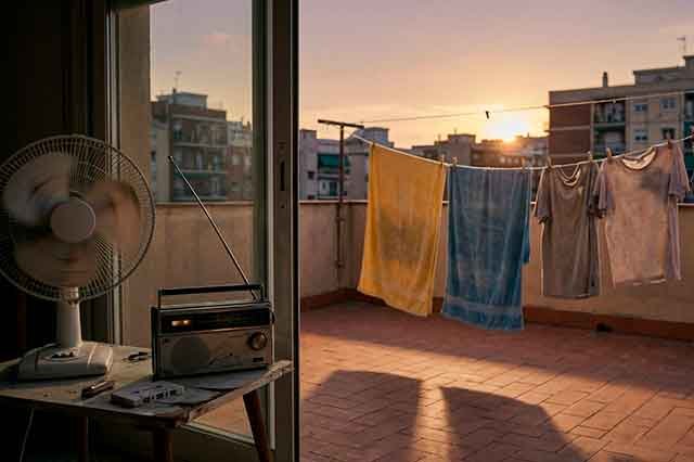 Terraza simbólica con ropa tendida, un ventilador lento y una radio de pilas iluminada por la luz del final de agosto.