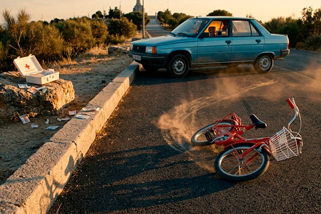 Bicicleta infantil volcada junto a un bordillo, polvo suspendido, botiquín abierto y una radio encendida en un coche cercano, en una escena cinematográfica de verano.