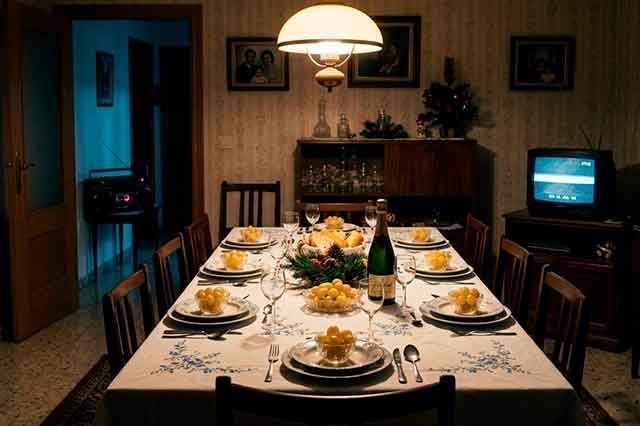 Mesa de Nochevieja con mantel bordado, uvas peladas, televisor portátil con interferencias y un radiocasete sonando en una habitación al fondo.