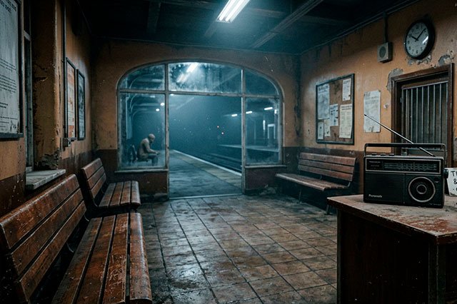 Fotografía cinematográfica retro-realista de los años 80. Interior desaturado de estación de tren o salón vacío. Luz fluorescente parpadeante sobre mármol frío y madera gastada, evocando la atmósfera nostálgica