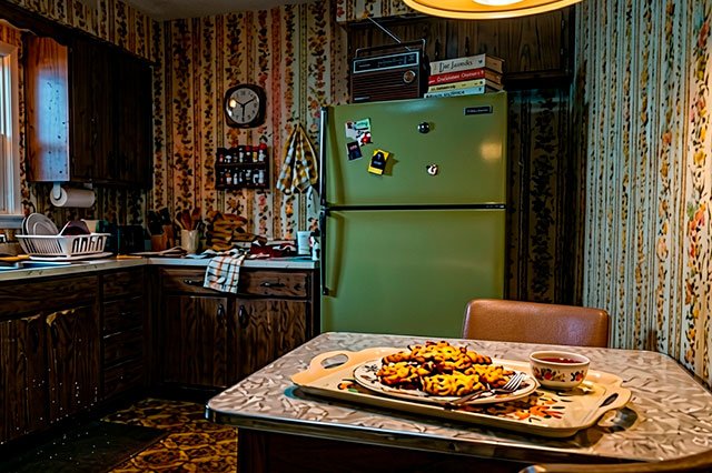 Cocina antigua, años 80, con un transistor de radio marrón sobre un frigorífico y una bandeja de buñuelos sobre la mesa