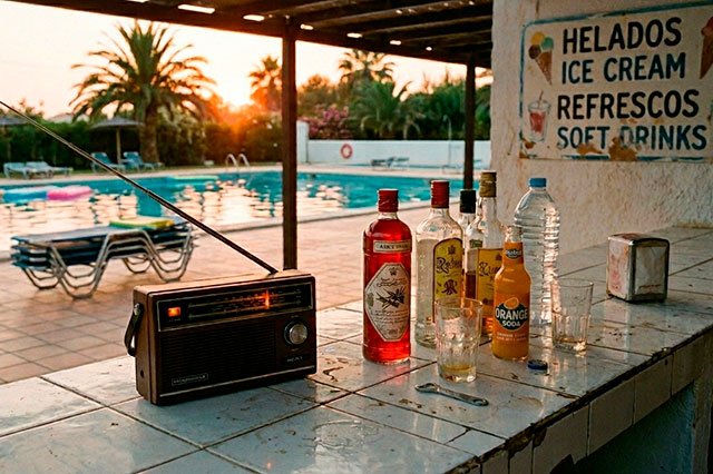 Bar de piscina municipal en verano con un transistor marrón entre botellas de anís sobre la barra y la piscina azul al fondo, iluminado por luz cálida de agosto