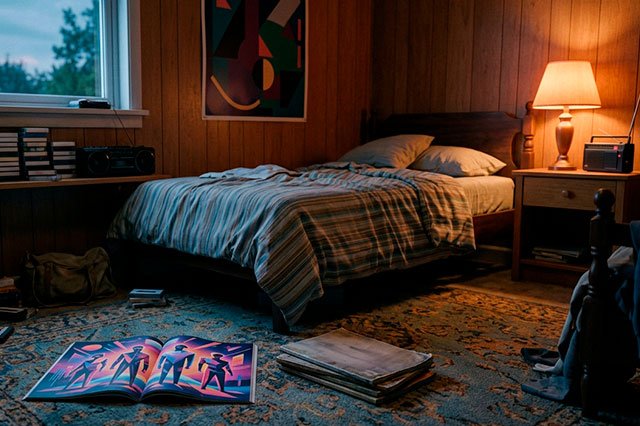 Dormitorio juvenil ochentero con una revista musical genérica abierta en el suelo junto a un cenicero y una radio encendida en la mesilla