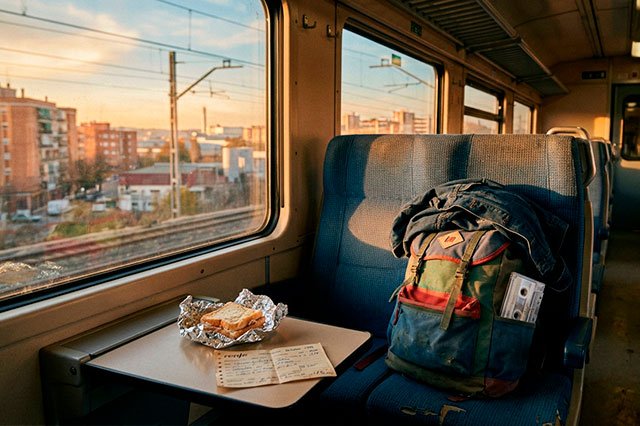Interior de un tren ochentero con una mochila y un casete genérico junto a la ventana al amanecer.