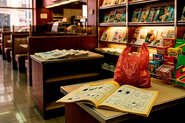 Estantería de una tienda ochentera con revistas extranjeras genéricas y una revista abierta en una mesa iluminada con luz cálida