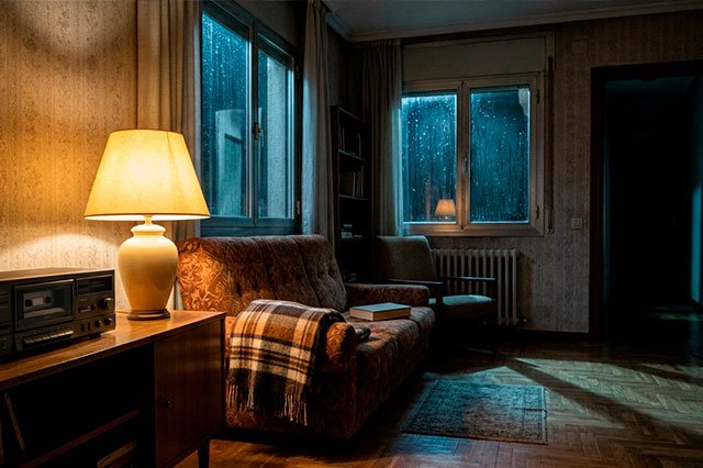 Salón ochentero con una radio encendida, lluvia nocturna tras la ventana y un pasillo oscuro al fondo