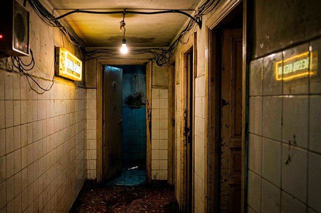 Pasillo húmedo de un bar ochentero con una puerta de baño entreabierta y luz de neón amarillenta.